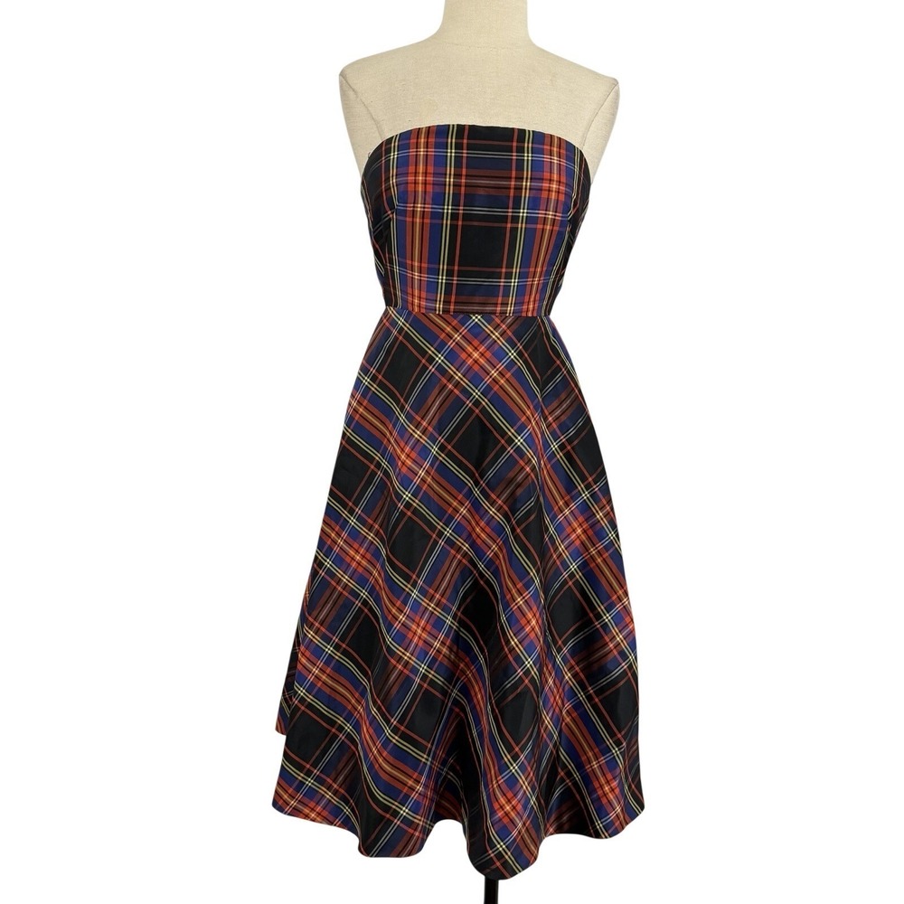 Vtg Y2K J. Crew Silk Tartan Plaid Strapless Dress Sz 2 Fit & Flare Party Grunge